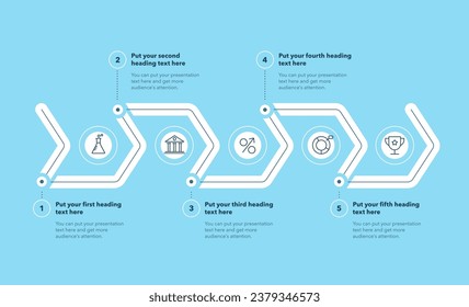 Horizontal process template with five steps - blue version. Flat infographic design with minimalistic icons and place for your texts.