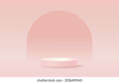 Horizontal product showcase mockup with cylinder podium stand and wide gradient arch background. Minimal light pink horizontal vector background for cosmetic products advertising presentation.