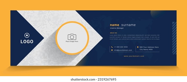 horizontal professional business email signature template vector file with photo place, blue background custom mail, orange shape design for company or corporate