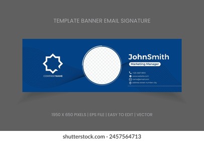 horizontal professional business email signature template vector file with photo place, blue background custom mail for company or corporate personal business card