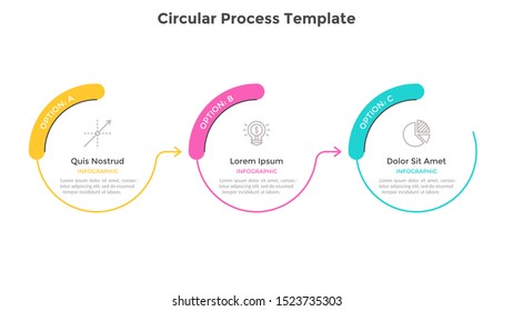 Horizontal progress bar with 3 circular elements connected by arrows. Concept of three steps of business process. Simple infographic design template. Flat vector illustration for banner, presentation.