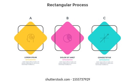 Horizontal progress bar with 3 square elements in frames. Concept of three features of project management. Simple infographic design template. Modern vector illustration for presentation, banner.