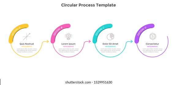 Horizontal progress bar with 4 circular elements connected by arrows. Concept of four steps of business process. Simple infographic design template. Flat vector illustration for banner, presentation.