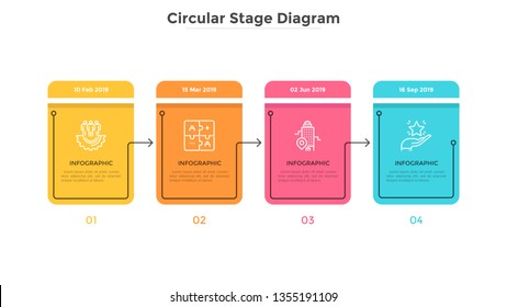 Horizontal progress bar with 4 colorful rectangular elements or cards. Concept of four stages of business project completion. Simple infographic design template. Flat vector illustration for report.