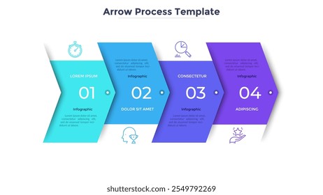 Barra de progreso Horizontal con 4 Elementos superpuestos en forma de flecha. Concepto de cuatro pasos de estrategia de negocio y desarrollo. Plantilla de diseño infográfico. Ilustración vectorial moderna para la presentación.