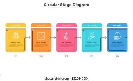 Horizontal progress bar with 5 colorful rectangular elements or cards. Concept of five stages of business project completion. Simple infographic design template. Flat vector illustration for report.