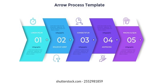 Horizontal progress bar with 5 overlapped arrow-like elements. Concept of 5 steps of business strategy and development. Clean infographic design template. Modern vector illustration for presentation.