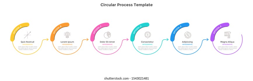 Horizontal progress bar with 6 circular elements connected by arrows. Concept of six steps of business process. Simple infographic design template. Flat vector illustration for banner, presentation.