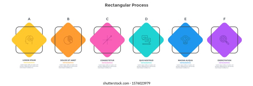 Horizontal progress bar with 6 square elements in frames. Concept of six features of project management. Simple infographic design template. Modern vector illustration for presentation, banner.