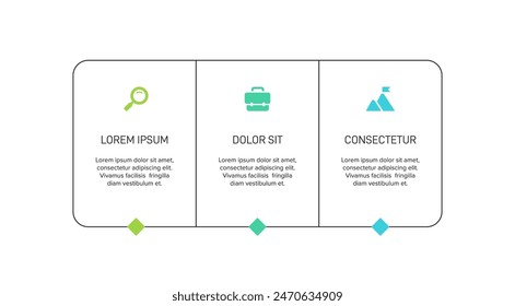 Horizontaler Fortschrittsbalken mit 3 pfeilförmigen Elementen, die drei sechs Stufen der Geschäftsstrategie und des Fortschritts symbolisieren. Vorlage des Infografik-Designs für eine saubere Zeitleiste. Vektorgrafik für die Präsentation