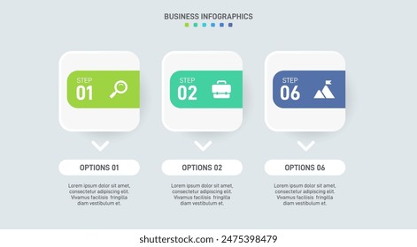 Barra de progreso Horizontal con 3 Elementos en forma de flecha que simbolizan tres y seis etapas de estrategia y progresión empresarial. Plantilla de diseño de infografía de línea de tiempo limpia. Vector de presentación