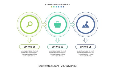 Horizontal progress bar featuring 3 arrow-shaped elements, symbolizing three six stages of business strategy and progression. Clean timeline infographic design template. Vector for presentation