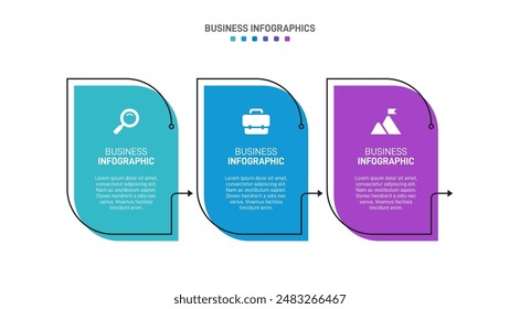 Horizontal progress bar featuring 3 arrow-shaped elements, symbolizing three six stages of business strategy and progression. Clean timeline infographic design template. Vector for presentation