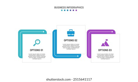 Horizontal progress bar featuring 3 arrow-shaped elements, symbolizing three six stages of business strategy and progression. Clean timeline infographic design template. Vector for presentation