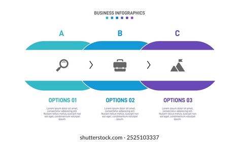 Horizontal progress bar featuring 3 arrow-shaped elements, symbolizing three six stages of business strategy and progression. Clean timeline infographic design template. Vector for presentation