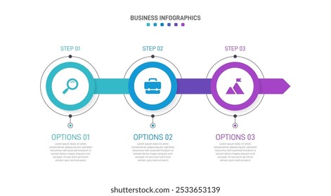 Horizontal progress bar featuring 3 arrow-shaped elements, symbolizing three six stages of business strategy and progression. Clean timeline infographic design template. Vector for presentation