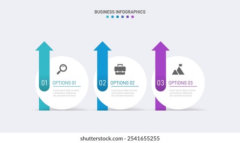 Horizontal progress bar featuring 3 arrow-shaped elements, symbolizing three six stages of business strategy and progression. Clean timeline infographic design template. Vector for presentation