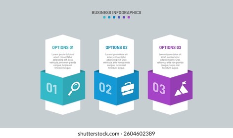 Horizontal progress bar featuring 3 arrow-shaped elements, symbolizing three six stages of business strategy and progression. Clean timeline infographic design template. Vector for presentation