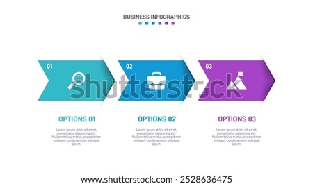 Horizontal progress bar featuring 3 arrow-shaped elements, symbolizing three six stages of business strategy and progression. Clean timeline infographic design template. Vector for presentation