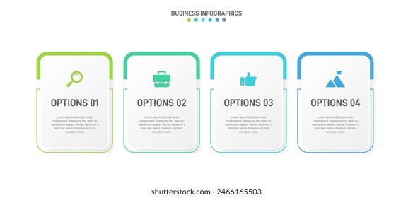 Horizontaler Fortschrittsbalken mit vier pfeilförmigen Elementen, die die vier Stufen der Geschäftsstrategie und des Fortschritts symbolisieren. Vorlage des Infografik-Designs für eine saubere Zeitleiste. Vektorgrafik für die Präsentation