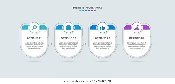 Barra de progreso Horizontal con 4 Elementos en forma de flecha, que simbolizan las cuatro etapas de estrategia y progresión empresarial. Plantilla de diseño de infografía de línea de tiempo limpia. Vector de presentación