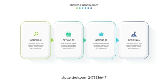 Barra de progreso Horizontal con 4 Elementos en forma de flecha, que simbolizan las cuatro etapas de estrategia y progresión empresarial. Plantilla de diseño de infografía de línea de tiempo limpia. Vector de presentación