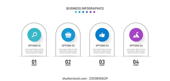 Horizontal progress bar featuring 4 arrow-shaped elements, symbolizing the four stages of business strategy and progression. Clean timeline infographic design template. Vector for presentation