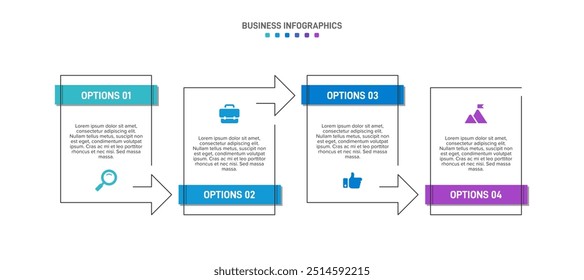 Barra de progreso Horizontal con 4 Elementos en forma de flecha, que simbolizan las cuatro etapas de la estrategia y la progresión empresarial. Plantilla de diseño de infografía de línea de tiempo limpia. Vector de presentación