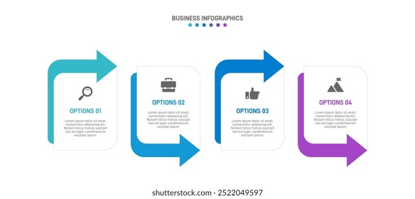 Barra de progreso Horizontal con 4 Elementos en forma de flecha, que simbolizan las cuatro etapas de la estrategia y la progresión empresarial. Plantilla de diseño de infografía de línea de tiempo limpia. Vector de presentación