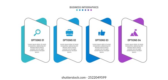 Barra de progresso horizontal com 4 elementos em forma de seta, simbolizando os quatro estágios da estratégia de negócios e progressão. Modelo de design de infográfico de linha do tempo limpo. Vetor para apresentação