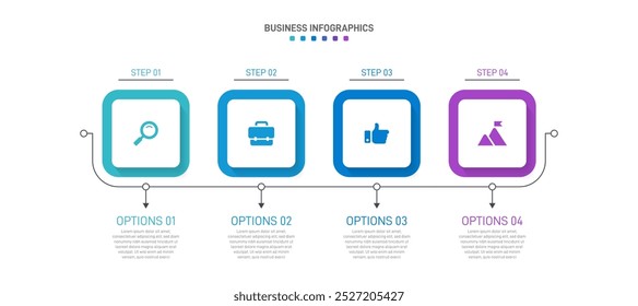 Horizontal progress bar featuring 4 arrow-shaped elements, symbolizing the four stages of business strategy and progression. Clean timeline infographic design template. Vector for presentation