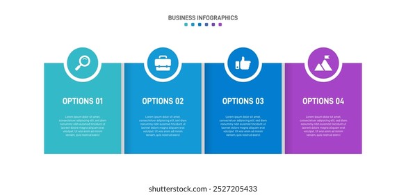 Barra de progresso horizontal com 4 elementos em forma de seta, simbolizando os quatro estágios da estratégia de negócios e progressão. Modelo de design de infográfico de linha do tempo limpo. Vetor para apresentação