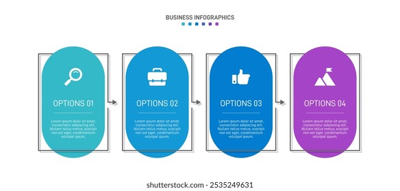 Barra de progresso horizontal com 4 elementos em forma de seta, simbolizando os quatro estágios da estratégia de negócios e progressão. Modelo de design de infográfico de linha do tempo limpo. Vetor para apresentação