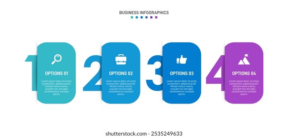 Barra de progresso horizontal com 4 elementos em forma de seta, simbolizando os quatro estágios da estratégia de negócios e progressão. Modelo de design de infográfico de linha do tempo limpo. Vetor para apresentação