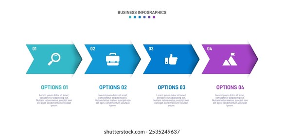 Barra de progreso Horizontal con 4 Elementos en forma de flecha, que simbolizan las cuatro etapas de la estrategia y la progresión empresarial. Plantilla de diseño de infografía de línea de tiempo limpia. Vector de presentación