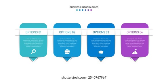 Barra de progresso horizontal com 4 elementos em forma de seta, simbolizando os quatro estágios da estratégia de negócios e progressão. Modelo de design de infográfico de linha do tempo limpo. Vetor para apresentação