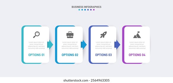 Horizontal progress bar featuring 4 arrow-shaped elements, symbolizing the four stages of business strategy and progression. Clean timeline infographic design template. Vector for presentation