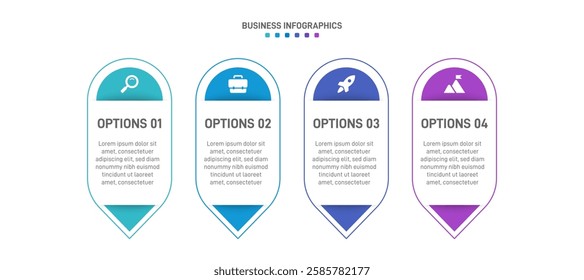 Horizontal progress bar featuring 4 arrow-shaped elements, symbolizing the four stages of business strategy and progression. Clean timeline infographic design template. Vector for presentation