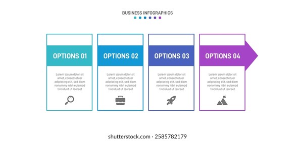 Horizontal progress bar featuring 4 arrow-shaped elements, symbolizing the four stages of business strategy and progression. Clean timeline infographic design template. Vector for presentation