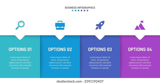 Horizontal progress bar featuring 4 arrow-shaped elements, symbolizing the four stages of business strategy and progression. Clean timeline infographic design template. Vector for presentation