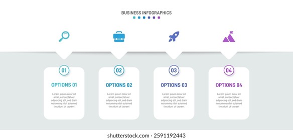 Horizontal progress bar featuring 4 arrow-shaped elements, symbolizing the four stages of business strategy and progression. Clean timeline infographic design template. Vector for presentation