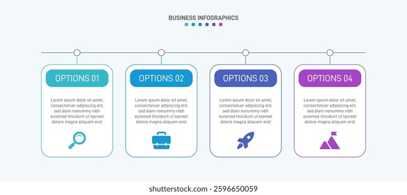 Horizontal progress bar featuring 4 arrow-shaped elements, symbolizing the four stages of business strategy and progression. Clean timeline infographic design template. Vector for presentation