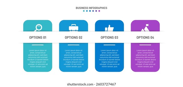 Horizontal progress bar featuring 4 arrow-shaped elements, symbolizing the four stages of business strategy and progression. Clean timeline infographic design template. Vector for presentation