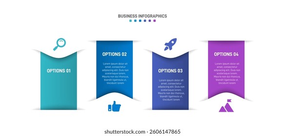 Horizontal progress bar featuring 4 arrow-shaped elements, symbolizing the four stages of business strategy and progression. Clean timeline infographic design template. Vector for presentation