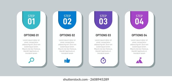 Horizontal progress bar featuring 4 arrow-shaped elements, symbolizing the four stages of business strategy and progression. Clean timeline infographic design template. Vector for presentation