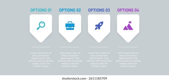 Horizontal progress bar featuring 4 arrow-shaped elements, symbolizing the four stages of business strategy and progression. Clean timeline infographic design template. Vector for presentation