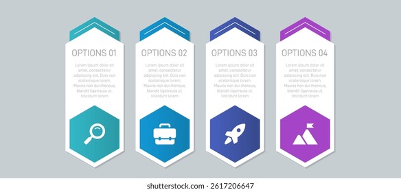 Horizontal progress bar featuring 4 arrow-shaped elements, symbolizing the four stages of business strategy and progression. Clean timeline infographic design template. Vector for presentation