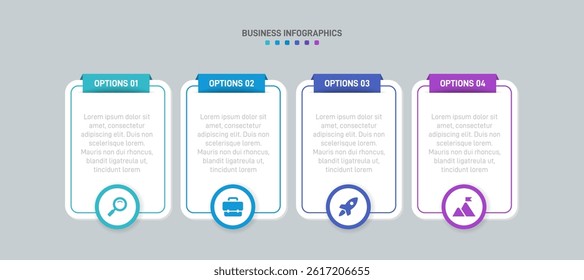 Horizontal progress bar featuring 4 arrow-shaped elements, symbolizing the four stages of business strategy and progression. Clean timeline infographic design template. Vector for presentation