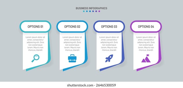 Barra de progresso horizontal com 4 elementos em forma de seta, simbolizando os quatro estágios da estratégia de negócios e progressão. Modelo de design de infográfico de linha do tempo limpo. Vetor para apresentação