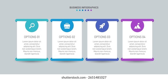 Horizontal progress bar featuring 4 arrow-shaped elements, symbolizing the four stages of business strategy and progression. Clean timeline infographic design template. Vector for presentation